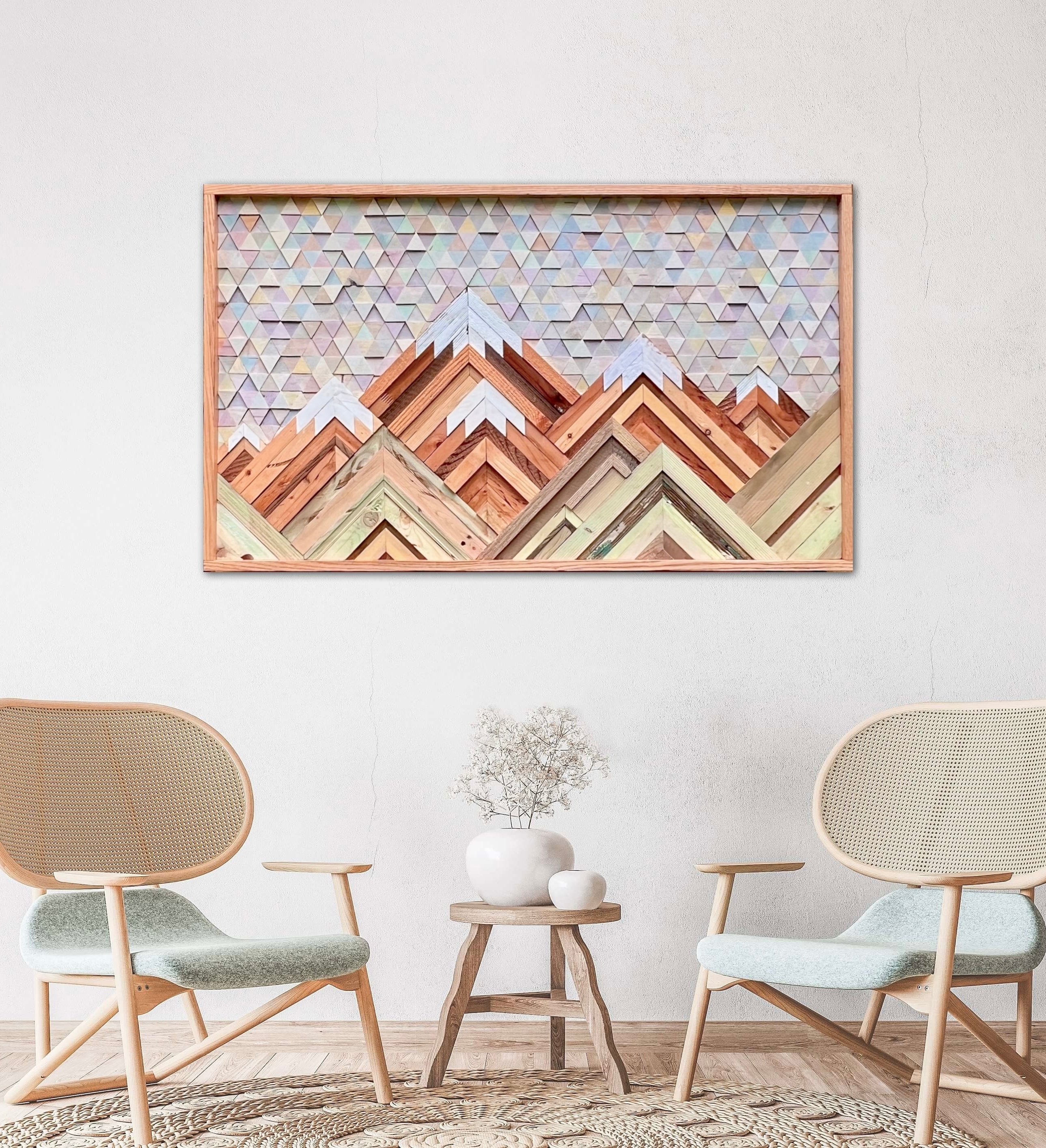 Abstract hot mountain mosaic wood wall art Green tone sky Geometric art Abstract mosaic Handmade original Rustic wood art Boho art Eclectic art